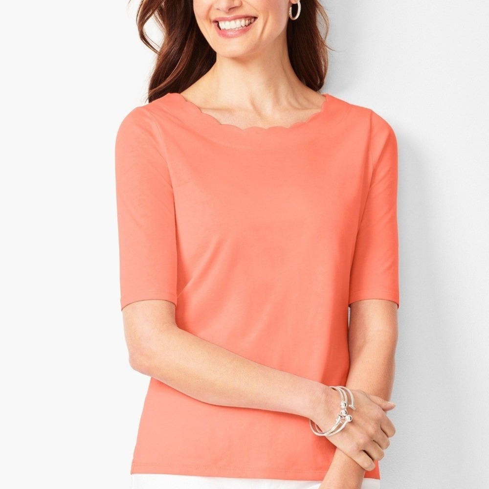 Talbots Scalloped Boat Neck Top Women Large Coral Orange Pima Cotton Classic Tee